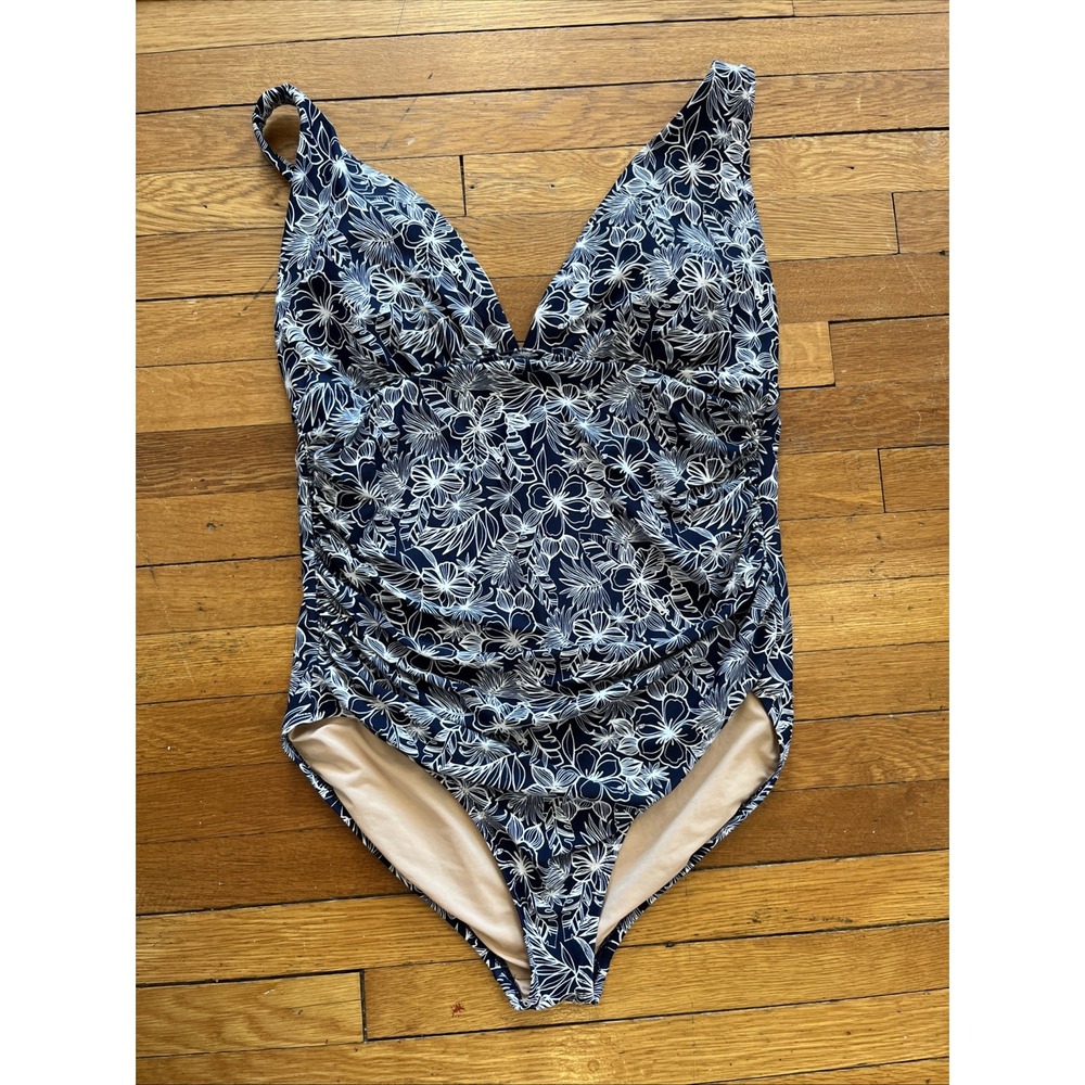 J. Crew Factory Navy Blue One Piece Ruched V-Neck Swimsuit Size XXL 2X Floral
